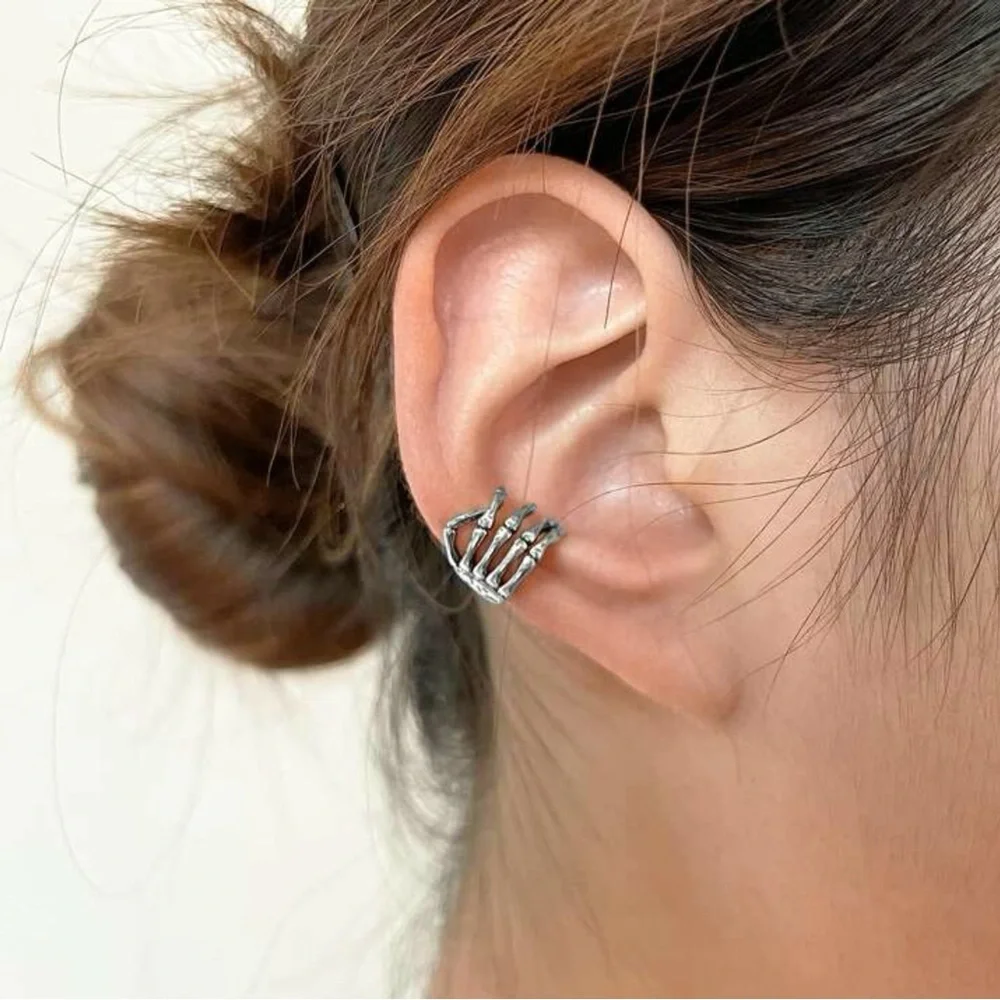 Set of 2 Silver Skeleton Hand Ear Cuff Earrings